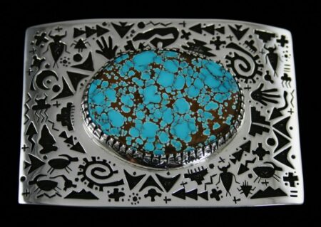 Kee Yazzie Brannon Spiderweb Turquoise Double Sided Petroglyph Design Belt Buckle