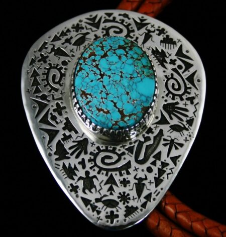 Kee Yazzie Brannon Spiderweb Turquoise Petroglyph Design Bolo Tie