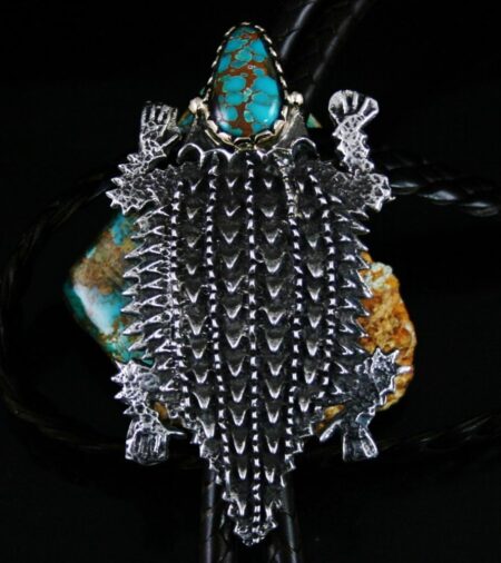 Philander Begay Brannon Blue Spiderweb Turquoise 14K Over Tufa Cast Sterling Silver Horny Toad Bolo