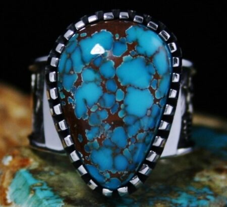 Arland Ben Candelaria Spiderweb Turquoise Solid 14K Gold Over Sterling Silver Petroglyph Design Ring