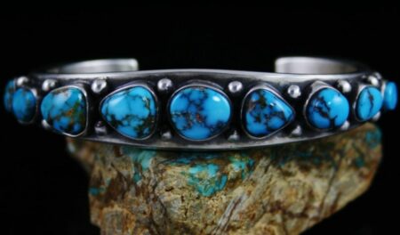 Sammie Kescoli Begay Candelaria Spiderweb Turquoise Ingot Coin Sterling Silver Row Bracelet