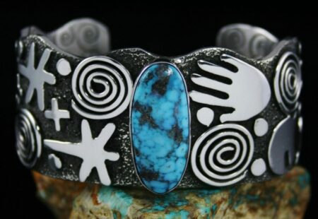 Alex Sanchez Kingman Spiderweb Turquoise Petroglyph Design Bracelet