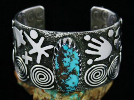 Alex Sanchez Candelaria Turquoise Petroglyph Design Ten Gauge Sterling Silver Bracelet