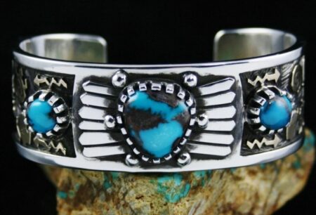 Arland Ben Bisbee Turquoise Solid 14K Gold Over Sterling Silver Petroglyph Design Bracelet