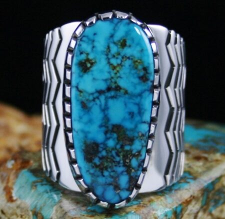 Kee Yazzie Morenci Turquoise Zig Zag Overlay Ring