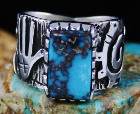 Kee Yazzie Candelaria Spiderweb Turquoise Anasazi Petroglyph Design Overlay Ring