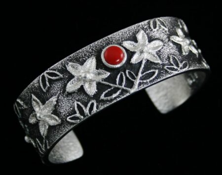 Rebecca Begay Mediterranean Oxblood Coral Tufa Cast Sterling Silver Floral Design Bracelet