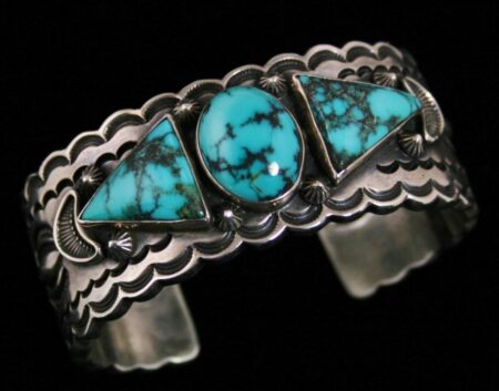 Harry H. Begay Godber Burnham Spiderweb Turquoise Three Stone Ingot Bracelet
