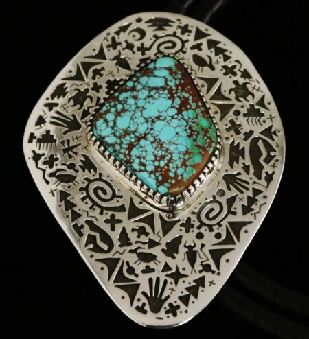 Kee Yazzie Pilot Mountain Spiderweb Turquoise Petroglyph Design Bolo Tie