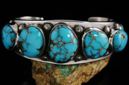 Sammie Kescoli Begay Brannon Blue Turquoise Ingot Coin Sterling Silver Row Bracelet