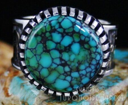Arland Ben Pilot Mountain Spiderweb Turquoise Solid 14K Gold Over Sterling Silver Petroglyph Design Ring