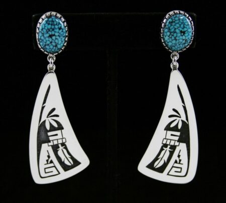 Ramon Dalangyawma Kingman Spiderweb Turquoise Longhair Kachina Design Dangle Earrings
