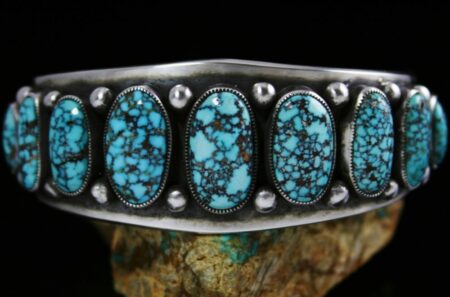 Sammie Kescoli Begay Kingman Spiderweb Turquoise Ingot Coin Silver Row Bracelet