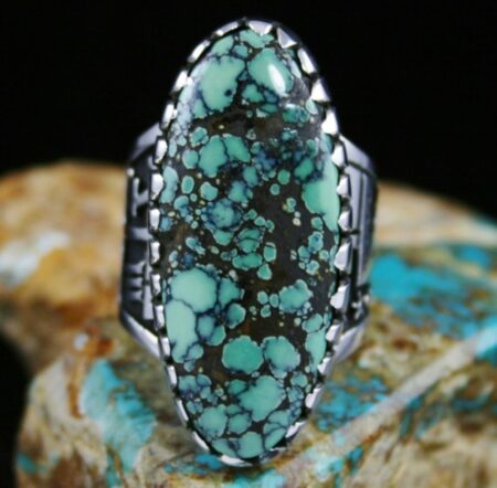 Joseph Coriz Peacock Spiderweb Variscite Pueblo Prosperity Overlay Ring