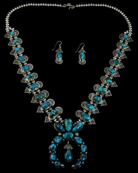 Sammie Kescoli Begay Candelaria Spiderweb Turquoise Squash Blossom Necklace and Earrings