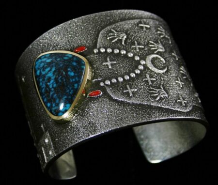 Darryl Dean Begay Lander Blue Spiderweb Turquoise Yeibechai Design 18K Gold And Tufa Cast Sterling Silver Bracelet
