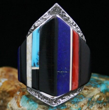 Edison Cummings Colorful Inlay Solid 14K Gold Over Tufa Cast Sterling Silver Ring