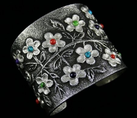 Rebecca Begay Multi-Stone Tufa Cast Sterling Silver Floral Design Bracelet