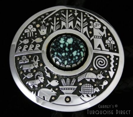 Joseph Coriz Peacock Spiderweb Variscite Gathering of the Clans Overlay Bolo Tie