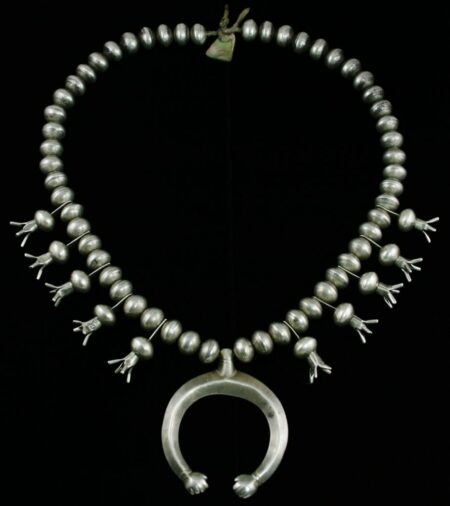 Circa 1900 Hosteen Goodluck Ingot Coin Sterling Silver Squash Blossom Necklace