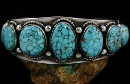 Sammie Kescoli Begay Number Eight Spiderweb Turquoise Ingot Coin Silver Row Bracelet