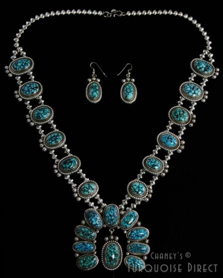 Ned Nez Red Web Kingman Turquoise Squash Blossom Necklace and Earrings