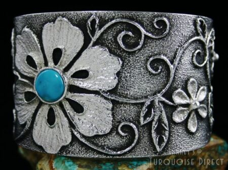 Rebecca Begay Morenci Turquoise Floral Design Tufa Cast Sterling Silver Bracelet