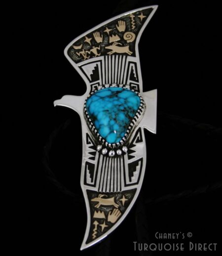 Arland Ben Candelaria Spiderweb Turquoise 14K Gold Over Sterling Silver Eagle Design Bolo Tie