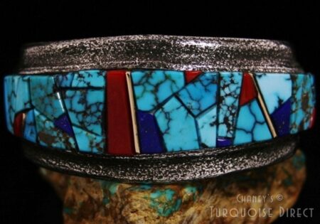 Wes Willie Lone Mountain Turquoise and Coral 14K Gold Over Tufa Cast Sterling Silver Bracelet