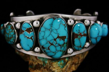 Sammie Kescoli Begay Brannon Blue Spiderweb Turquoise Ingot Coin Silver Row Bracelet