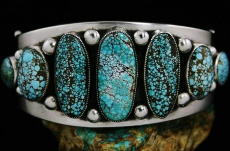 Sammie Kescoli Begay Number Eight Spiderweb Turquoise Ingot Coin Silver Row Bracelet