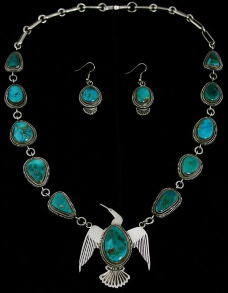 Sammie Kescoli Begay Blue Gem Turquoise Waterbird Necklace and Dangle Earrings