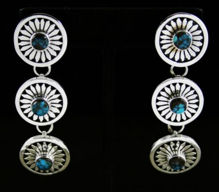 Leonard Nez Candelaria Spiderweb Turquoise Overlay Dangle Earrings