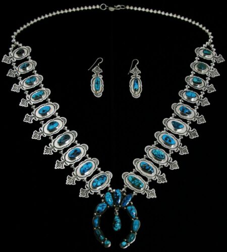 Sammie Kescoli Begay Candelaria Spiderweb Turquoise Squash Blossom Necklace and Earrings