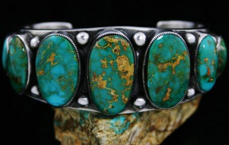 Sammie Kescoli Begay Stone Mountain Spiderweb Turquoise Ingot Coin Silver Row Bracelet