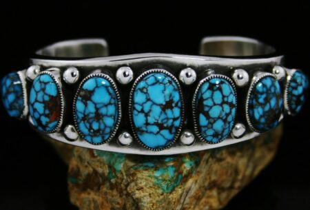 Sammie Kescoli Begay Egyptian Spiderweb Turquoise Ingot Sterling Silver Row Bracelet