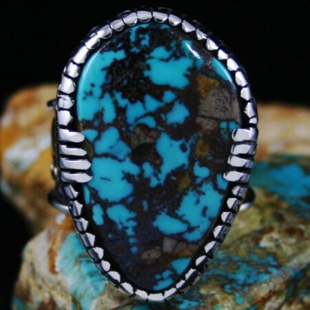 Arland Ben Pilot Mountain Turquoise Solid 14K Gold Over Sterling Silver Petroglyph Design Ring