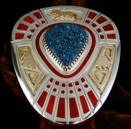 Vernon Haskie Kingman Spiderweb Turquoise and Oxblood Coral Solid 14K Gold Over Sterling Silver Bolo Tie
