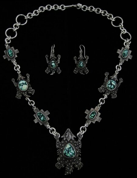 Leander Begay Peacock Spiderweb Variscite Horny Toad Design Necklace and Dangle Earrings