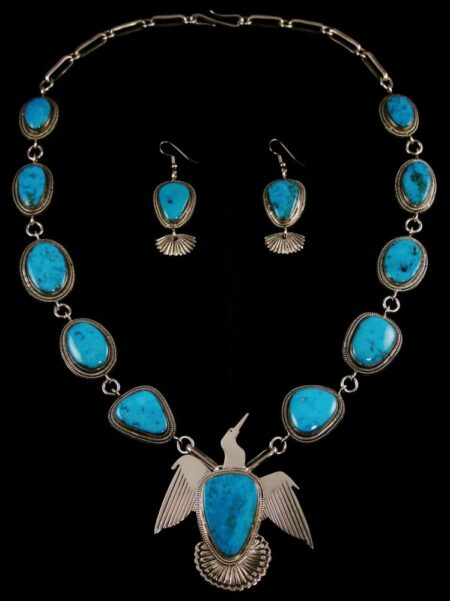 Sammie Kescoli Begay Blue Gem Turquoise Waterbird Necklace and Dangle Earrings