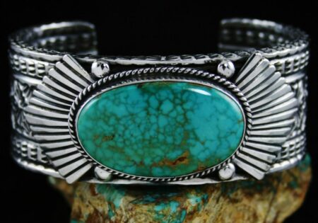 Sunshine Reeves Carico Lake Spiderweb Turquoise Double Sided Navajo Rug Pattern Design Bracelet