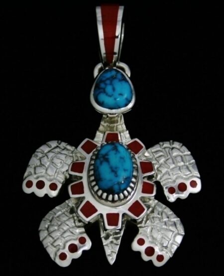 Vernon Haskie Morenci Turquoise and Coral Turtle Pendant