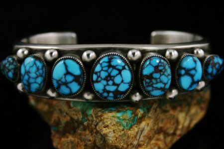 Sammie Kescoli Begay Egyptian Spiderweb Turquoise Ingot Coin Silver Row Bracelet