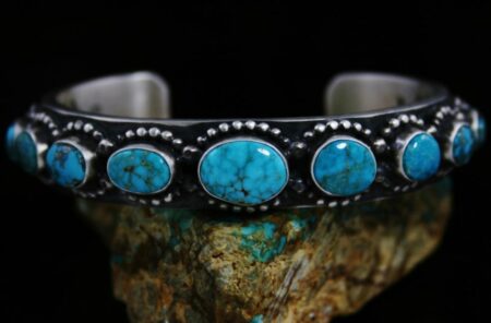 Herman Smith Lone Mountain Spiderweb Turquoise Double Sided Sterling Silver Row Bracelet