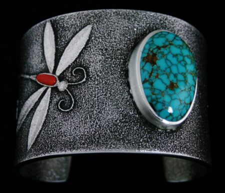 Darryl Dean Begay Brannon Blue Spiderweb Turquoise and Coral Tufa Cast Dragonfly Design Bracelet