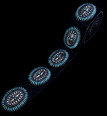 Circa 1970's Rosemary and Nathaniel Nez Sleeping Beauty Turquoise Needlepoint Concho Belt