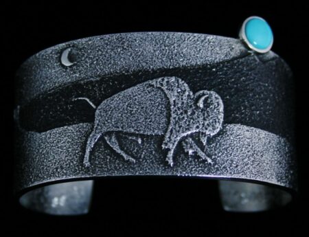 Darryl Dean Begay Sleeping Beauty Turquoise Tufa Cast Buffalo Design Bracelet