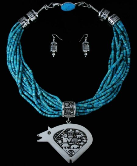Joseph Coriz Twelve Strand Kingman Turquoise Reversible Bear Design Overlay Necklace and Dangle Earrings