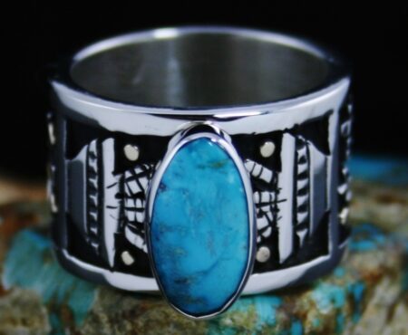 Joseph Coriz Candelaria Turquoise 14K Gold and Sterling Silver Pueblo Prosperity Design Ring