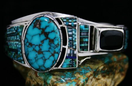 Carl and Irene Clark Hidden Valley Spiderweb Turquoise and Green Tourmaline Yeibechai Mosaic Inlay Link Bracelet